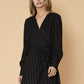 Stripe Satin Long Sleeve Mini Dress in Black