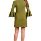 Gina Dress Olive - Bell sleeve shift dress with side slit pockets