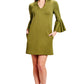Gina Dress Olive - Bell sleeve shift dress with side slit pockets