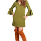 Gina Dress Olive - Bell sleeve shift dress with side slit pockets