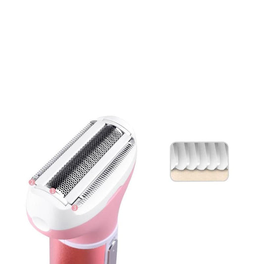 Pink and white hair removal device with a close-up of the head on a white background