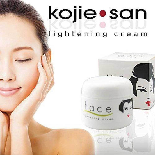 Kojie San lightening cream with a model and product packaging on a white background