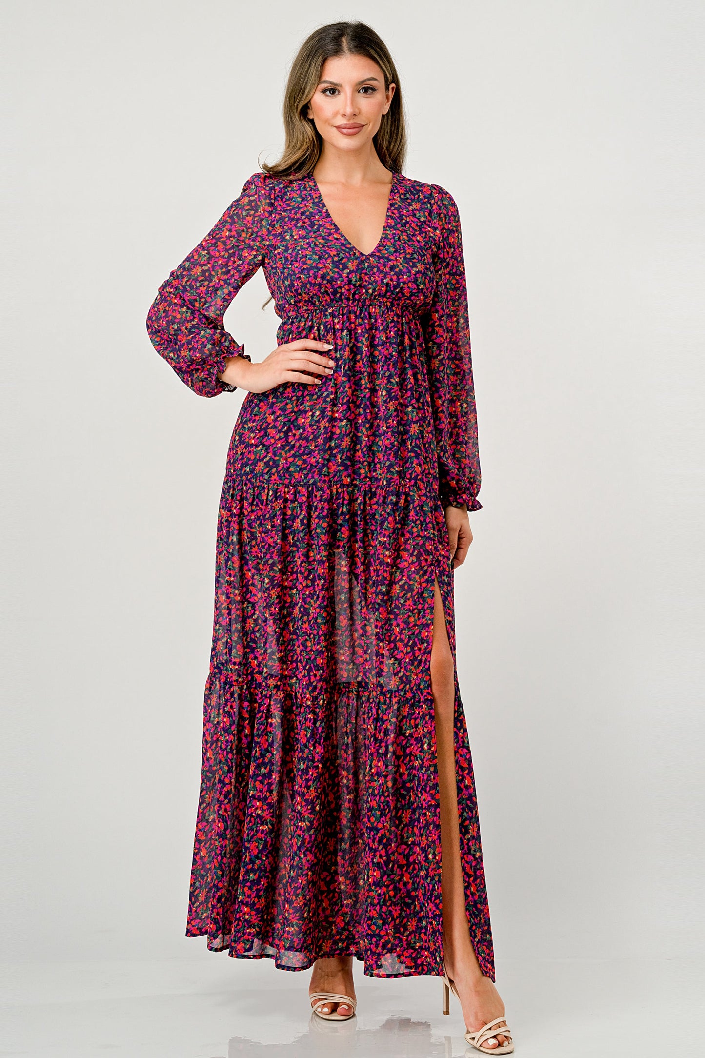 Floral V-Neck Long Sleeve Maxi Dress with Tiered Side Slit