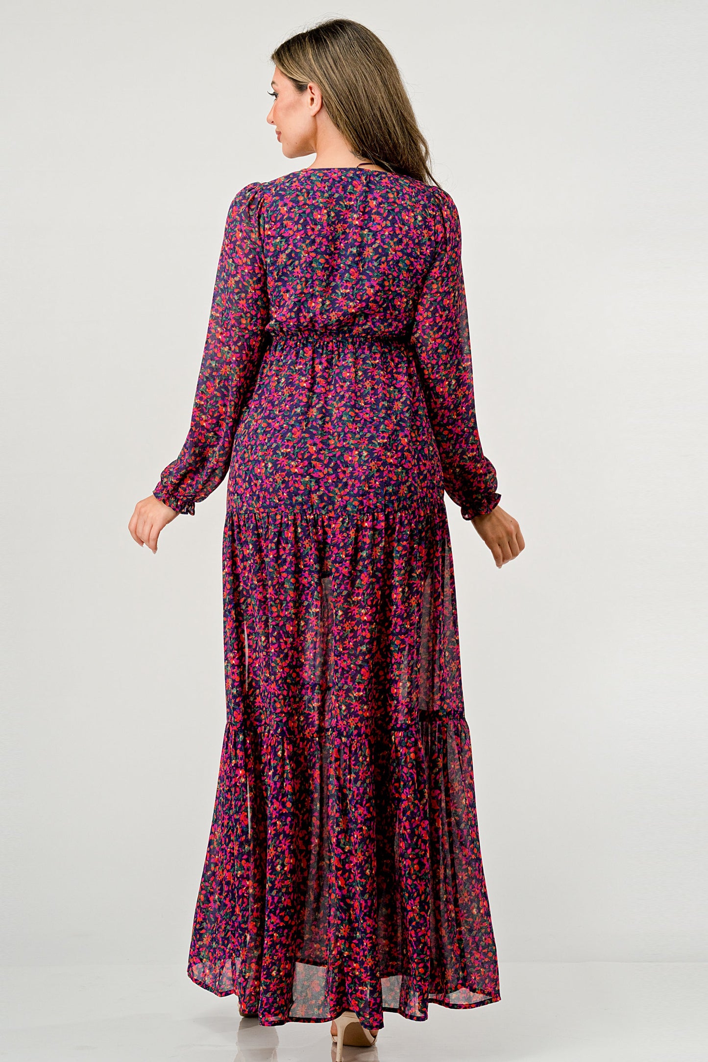 Floral V-Neck Long Sleeve Maxi Dress with Tiered Side Slit