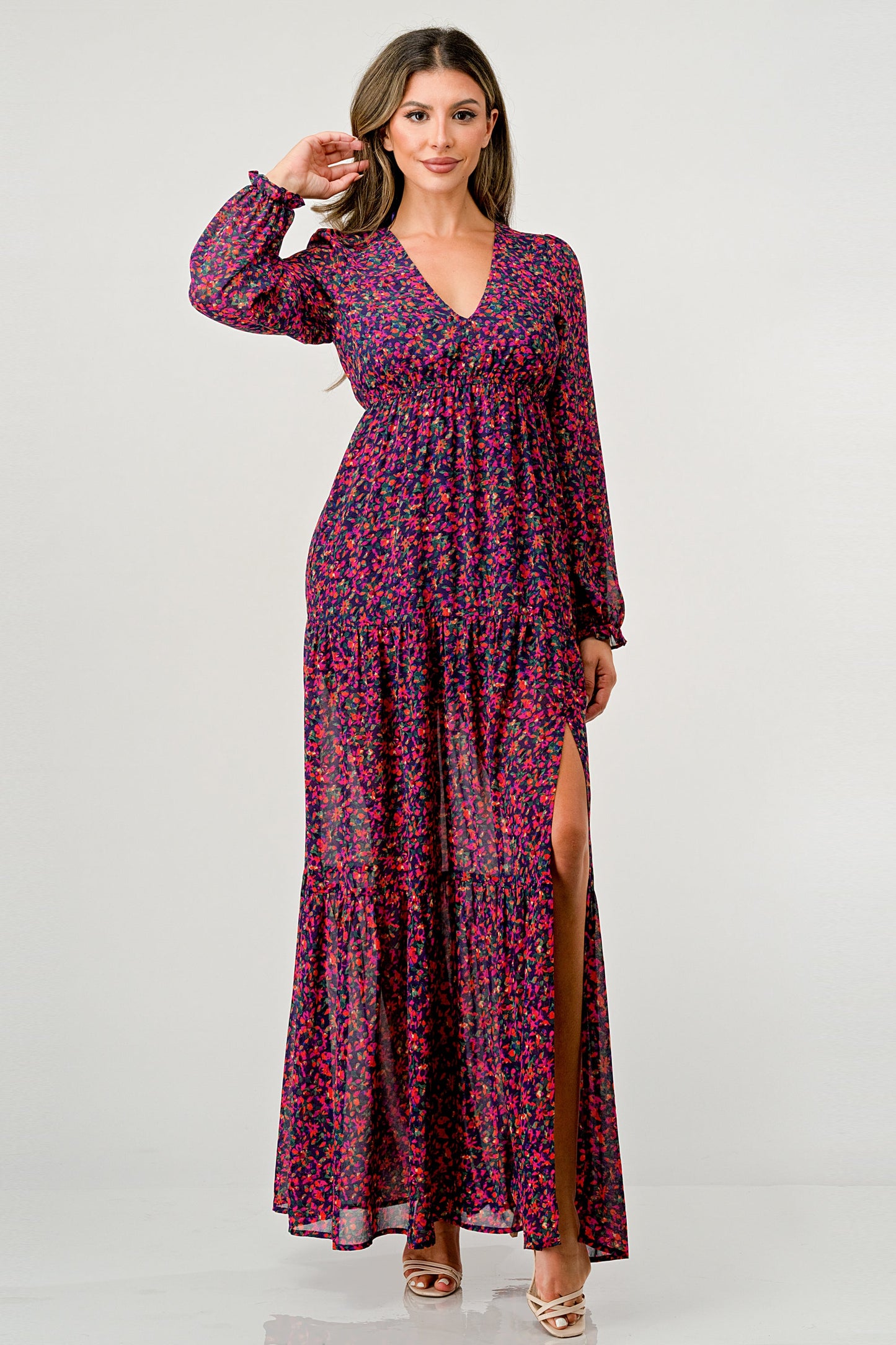 Floral V-Neck Long Sleeve Maxi Dress with Tiered Side Slit