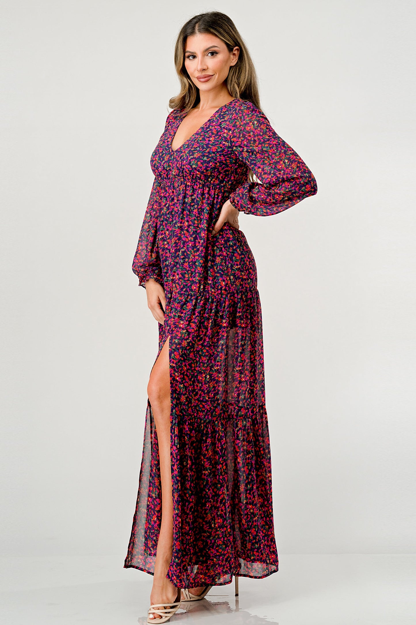 Floral V-Neck Long Sleeve Maxi Dress with Tiered Side Slit
