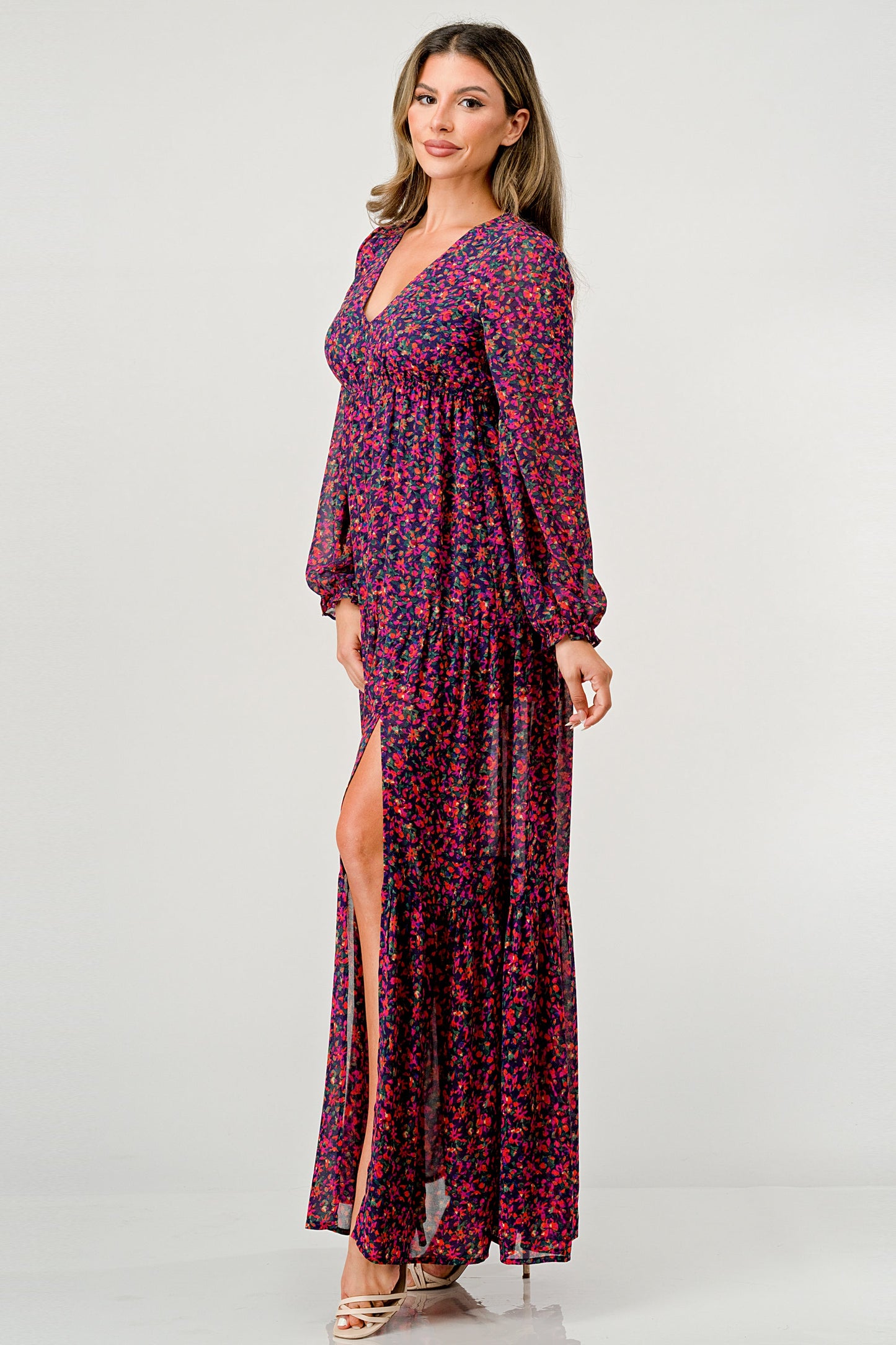 Floral V-Neck Long Sleeve Maxi Dress with Tiered Side Slit