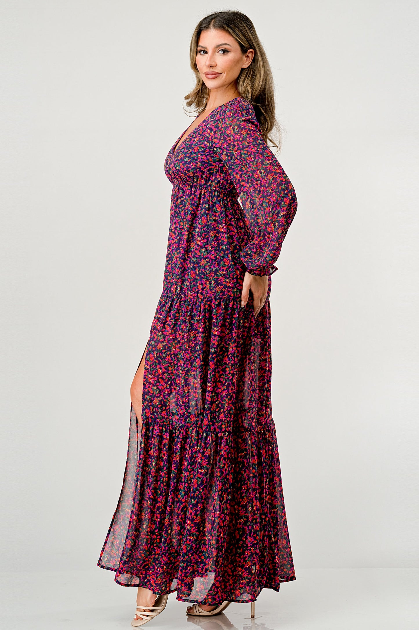 Floral V-Neck Long Sleeve Maxi Dress with Tiered Side Slit