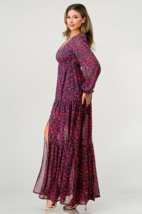 Floral V-Neck Long Sleeve Maxi Dress with Tiered Side Slit