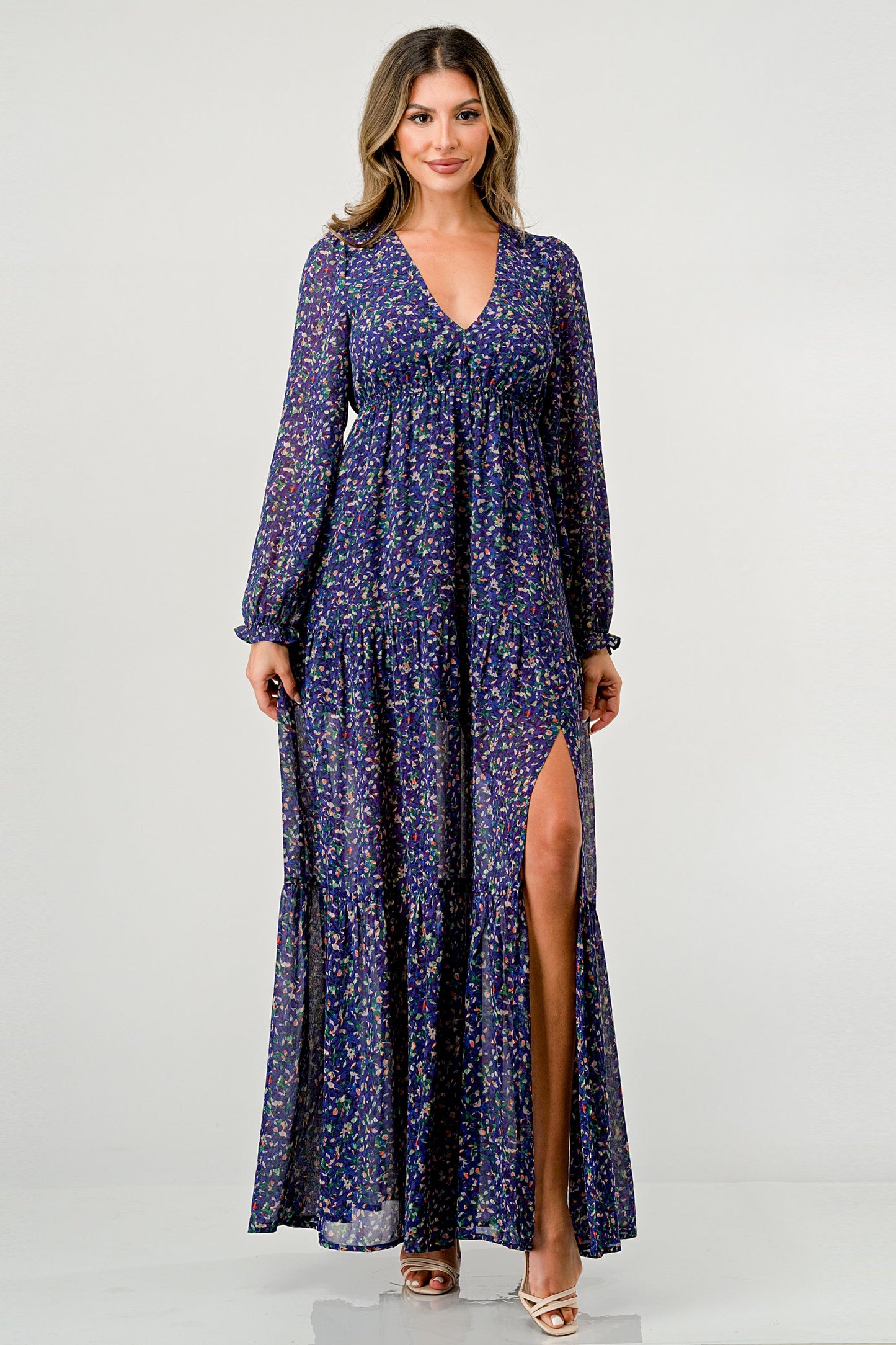 Floral V-Neck Long Sleeve Maxi Dress with Tiered Side Slit