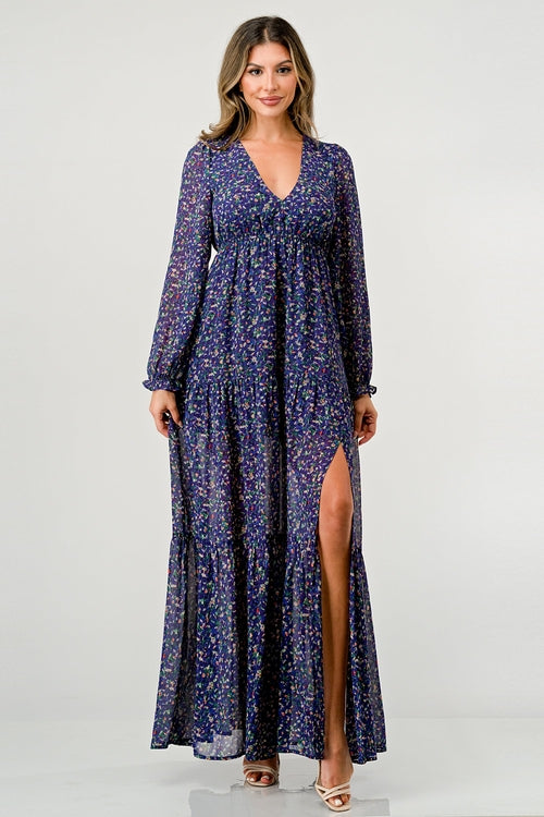 Floral V-Neck Long Sleeve Maxi Dress with Tiered Side Slit