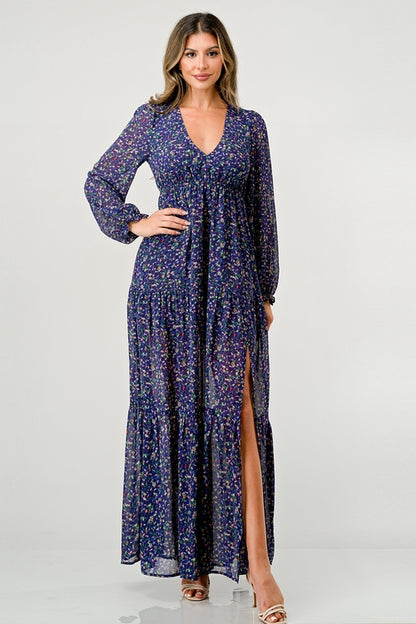 Floral V-Neck Long Sleeve Maxi Dress with Tiered Side Slit