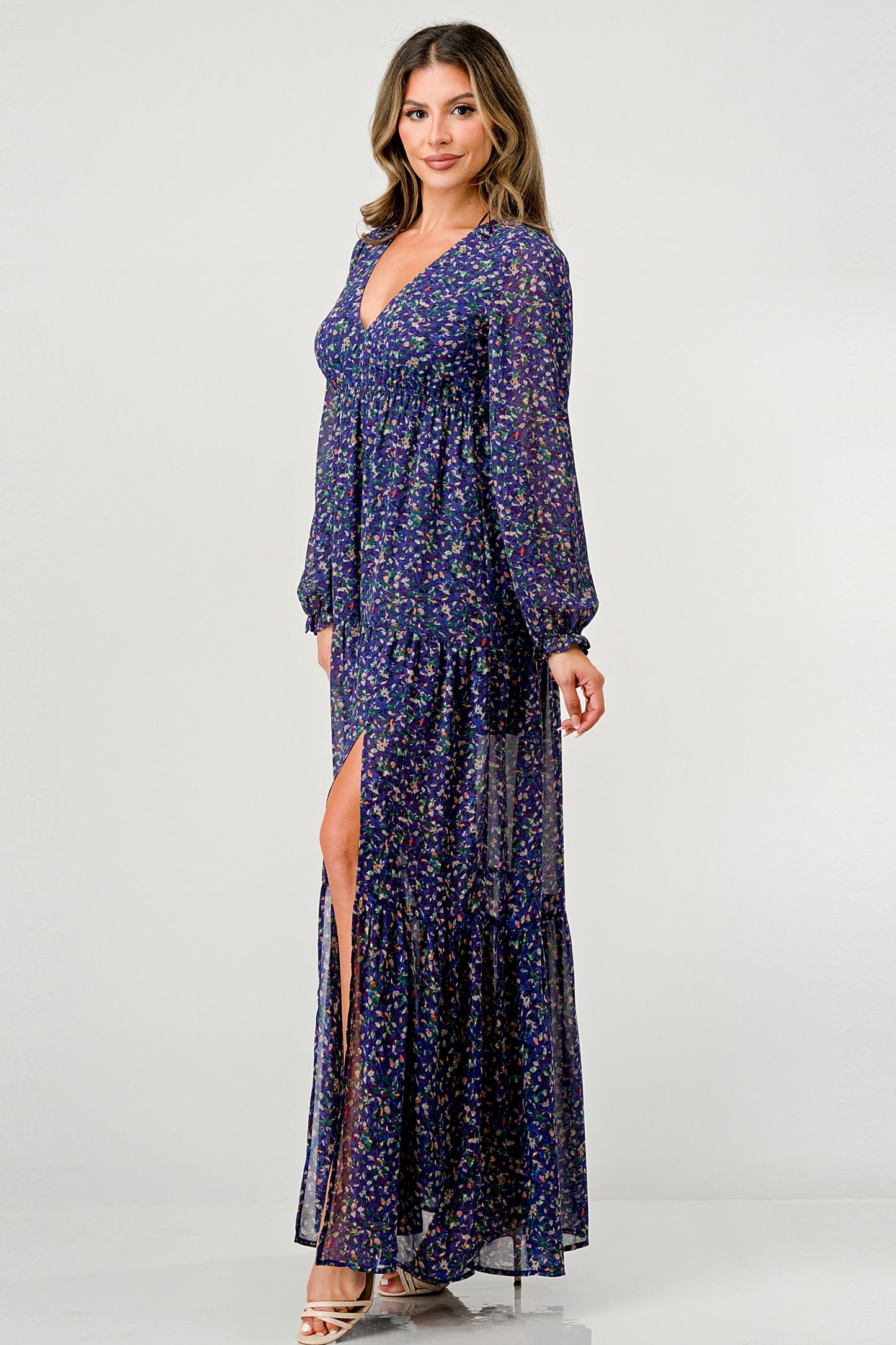 Floral V-Neck Long Sleeve Maxi Dress with Tiered Side Slit