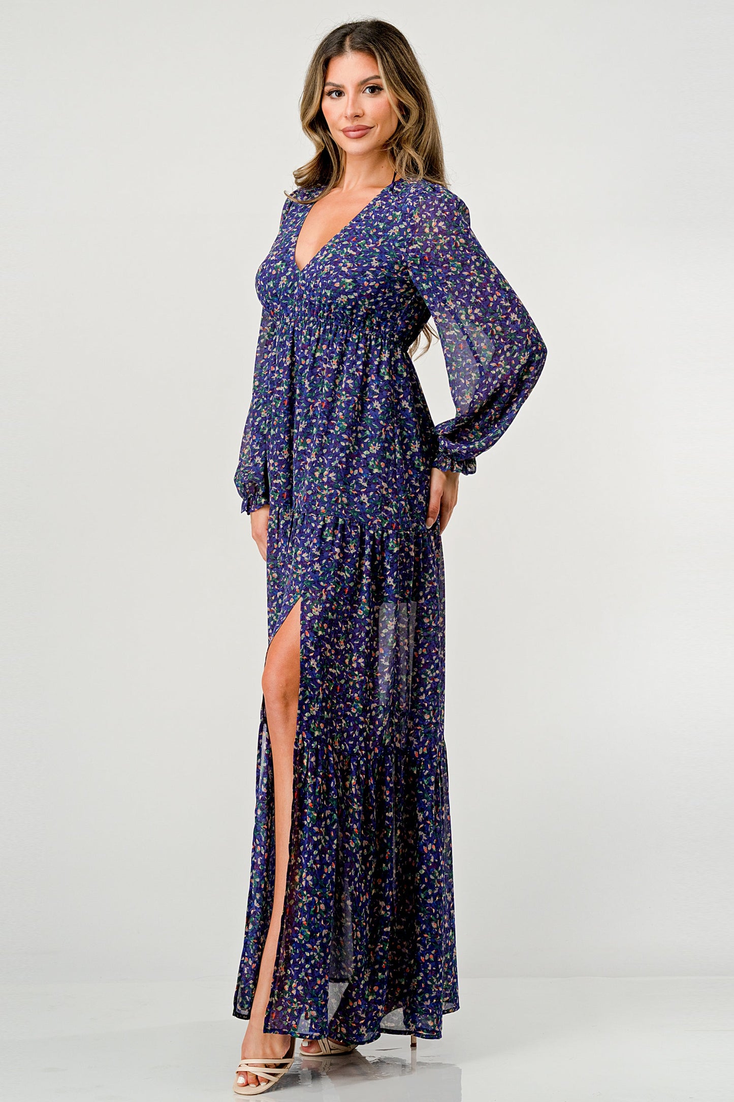 Floral V-Neck Long Sleeve Maxi Dress with Tiered Side Slit