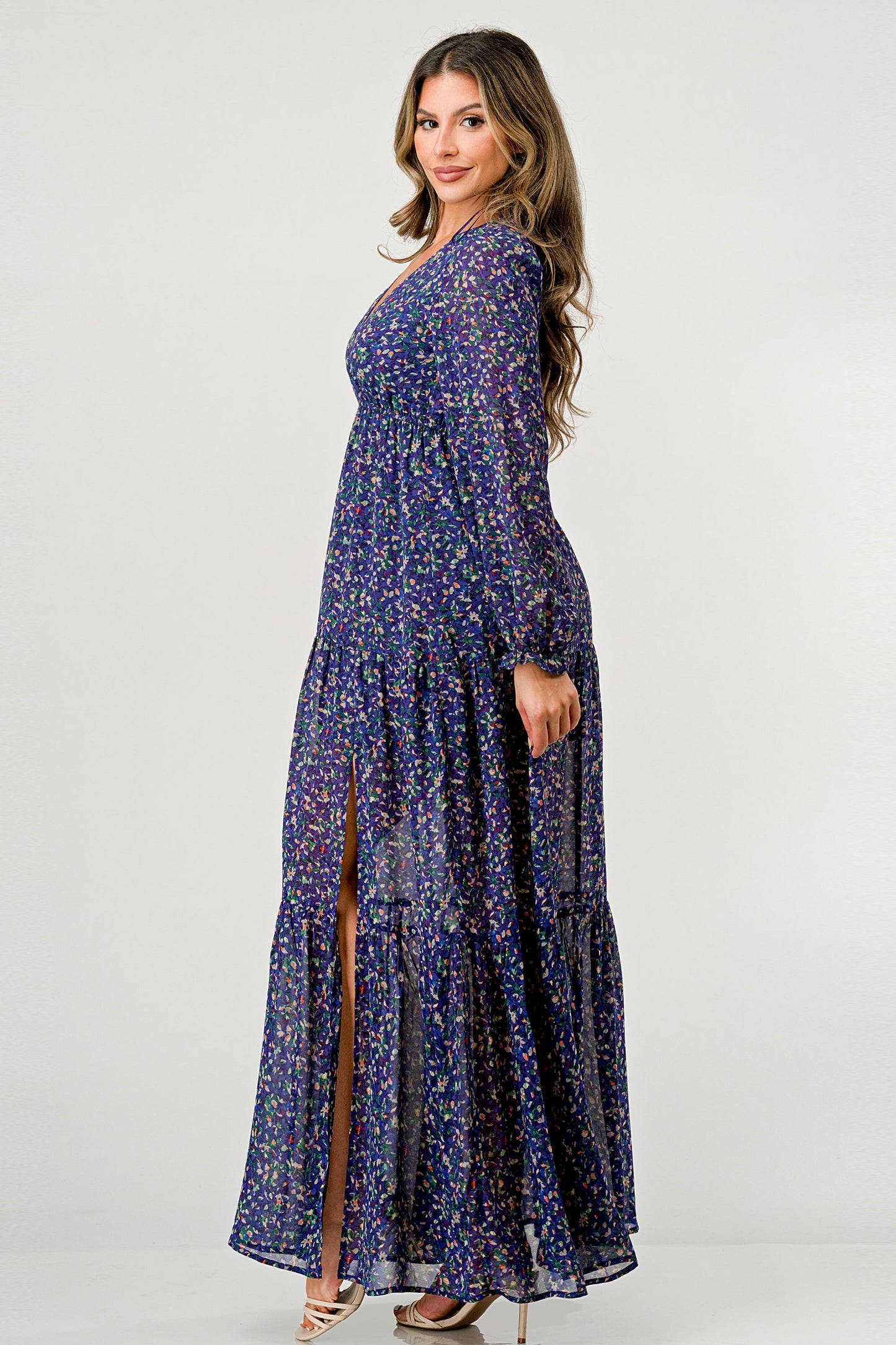 Floral V-Neck Long Sleeve Maxi Dress with Tiered Side Slit