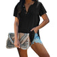 Solid Color Women Shirt V-neck Top Button Short