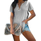 Solid Color Women Shirt V-neck Top Button Short