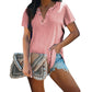 Solid Color Women Shirt V-neck Top Button Short