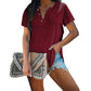 Solid Color Women Shirt V-neck Top Button Short