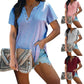 Solid Color Women Shirt V-neck Top Button Short