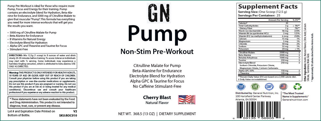 Pump Non-Stim Pre-Workout Cherry Blast 312g w/ Natural Flavor