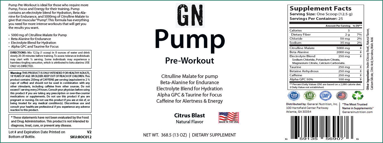 Pump Pre-Workout Citrus Blast 312g w/ Natural Flavor