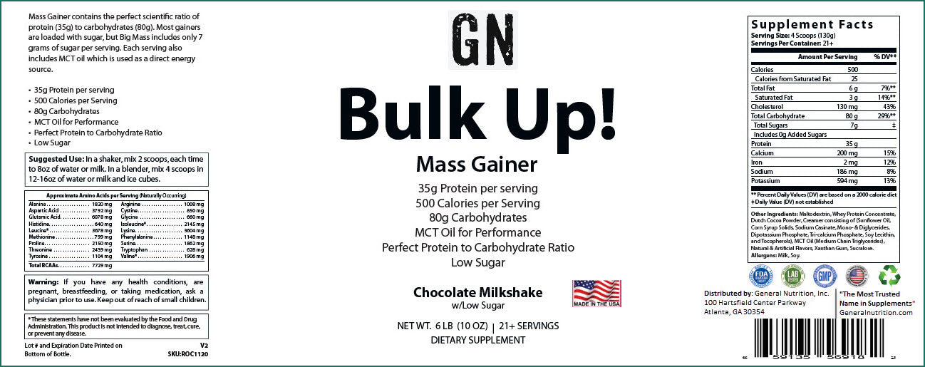 6lb Bulk Up! Mass Gainer Chocolate Milkshake w/Low Sugar