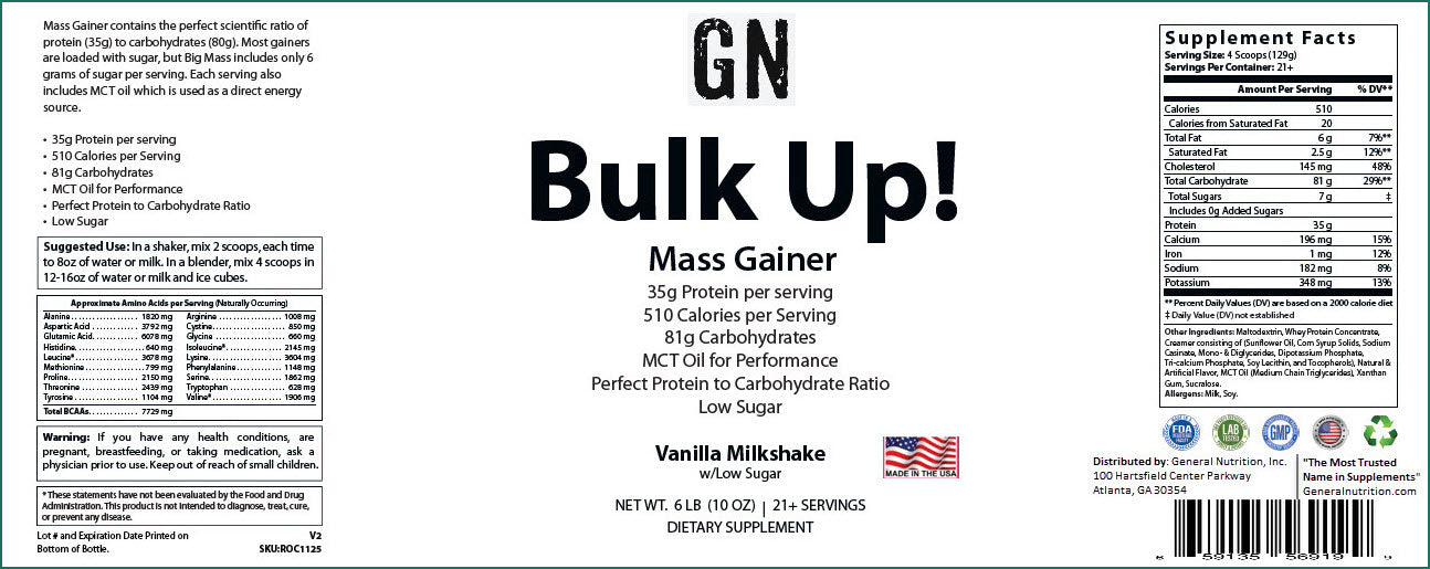 6lb Bulk Up! Mass Gainer Vanilla Milkshake w/Low Sugar
