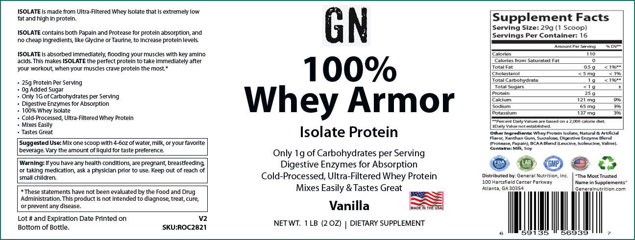 1lb 100% Whey Armor Isolate Protein Vanilla