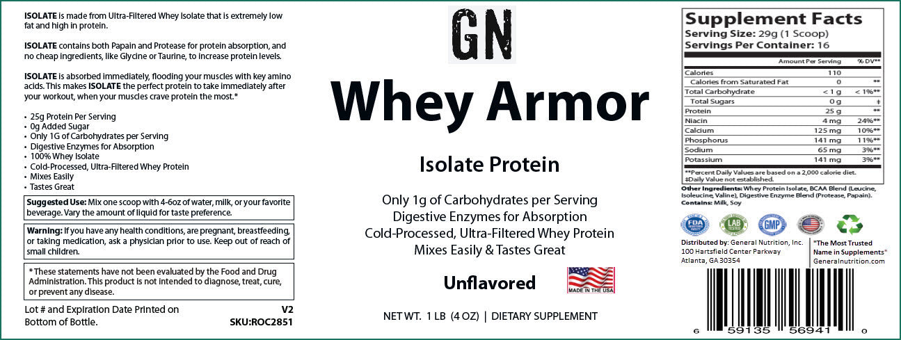 1lb Whey Armor Isolate Protein Unflavored