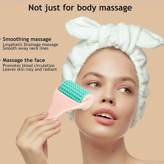 Woman using a facial massage tool with text about its benefits on a beige background