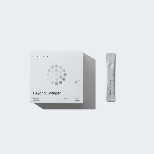 Box and tube of 'Beyond Collagen' on a light gray background
