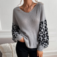 Womens V Neck Sweater Top With Leopard Print Sleeves