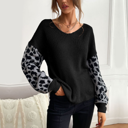 Womens V Neck Sweater Top With Leopard Print Sleeves