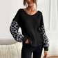 Womens V Neck Sweater Top With Leopard Print Sleeves