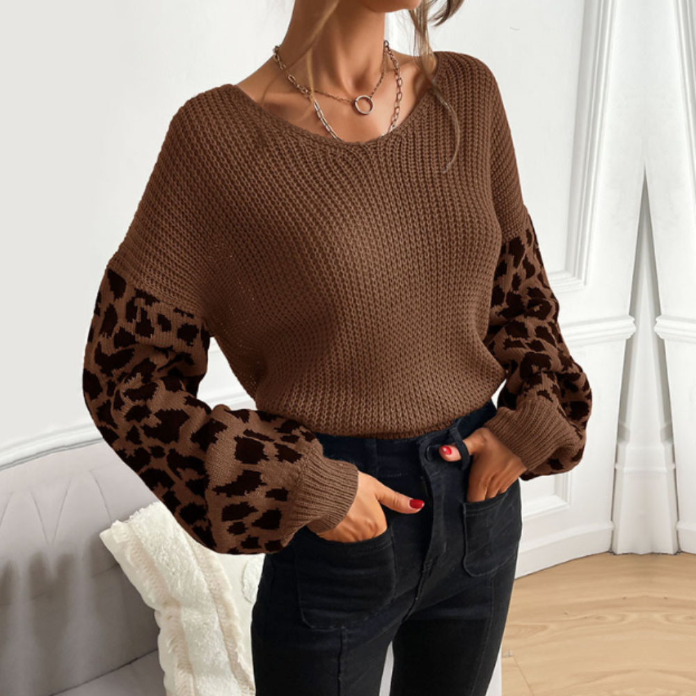 Womens V Neck Sweater Top With Leopard Print Sleeves