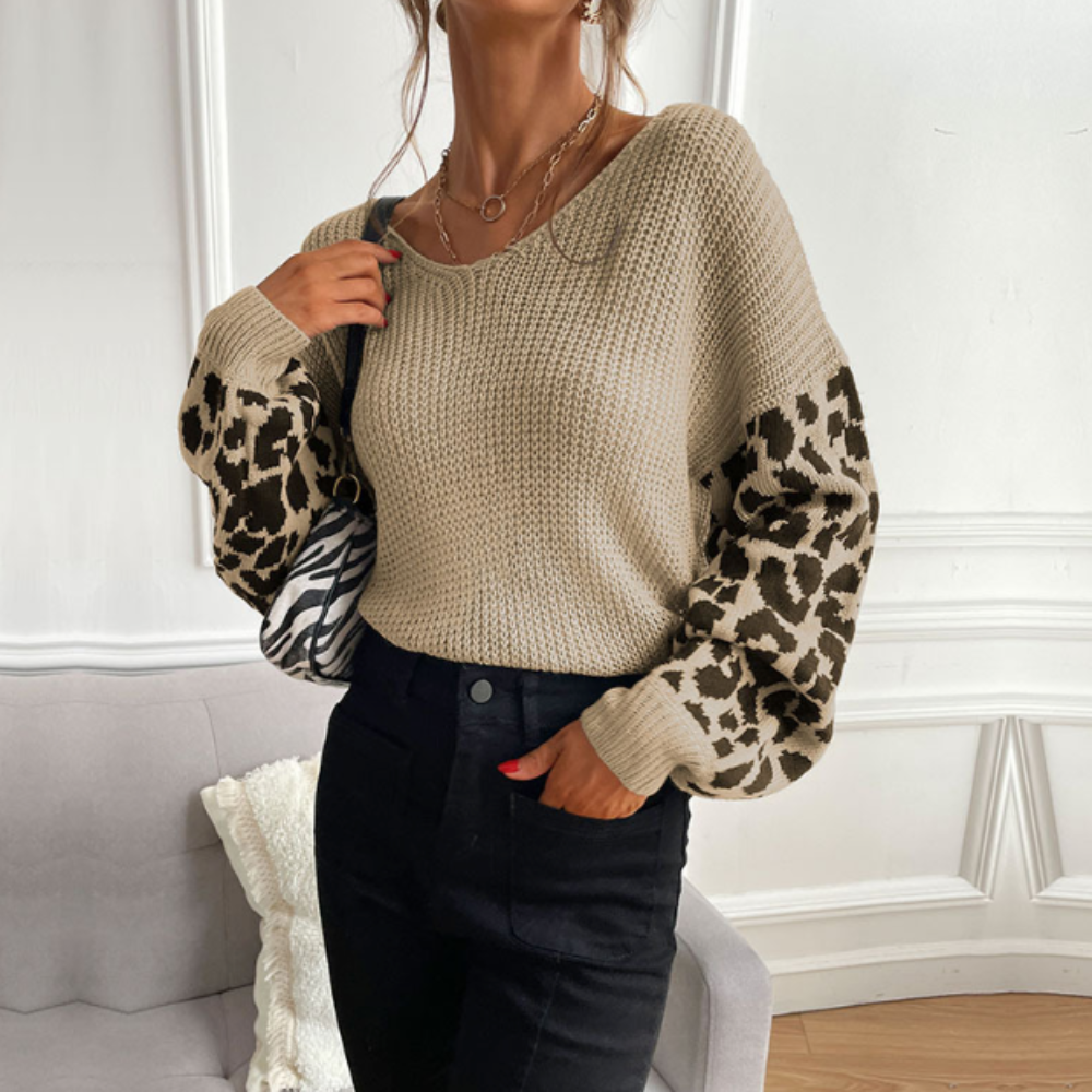 Womens V Neck Sweater Top With Leopard Print Sleeves