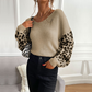 Womens V Neck Sweater Top With Leopard Print Sleeves