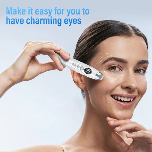Woman using a beauty device on her face with text 'Make it easy for you to have charming eyes' on a light blue background