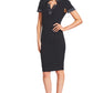 Notch Dress -  Short Sleeve Notch Neck Black Midi Dress with Satin