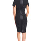 Notch Dress -  Short Sleeve Notch Neck Black Midi Dress with Satin