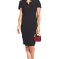 Notch Dress -  Short Sleeve Notch Neck Black Midi Dress with Satin