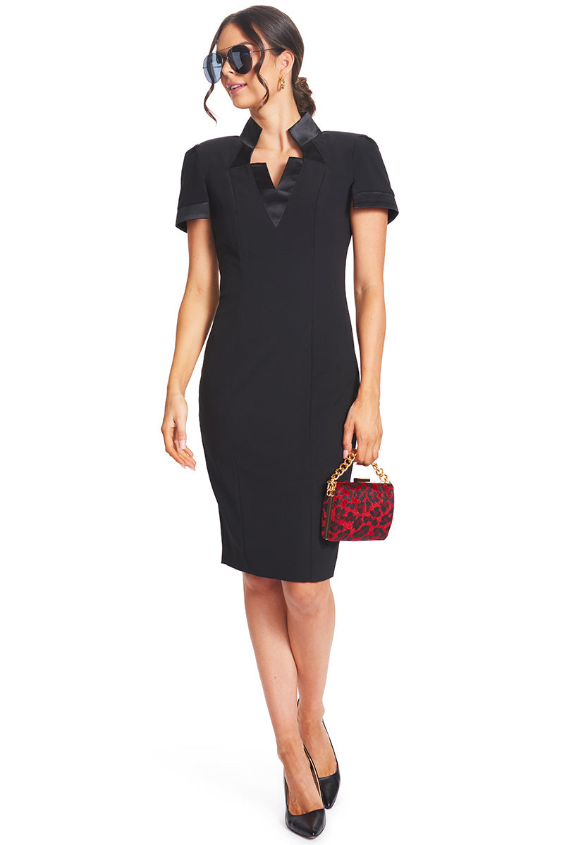 Notch Dress -  Short Sleeve Notch Neck Black Midi Dress with Satin