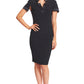 Notch Dress -  Short Sleeve Notch Neck Black Midi Dress with Satin
