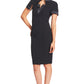 Notch Dress -  Short Sleeve Notch Neck Black Midi Dress with Satin