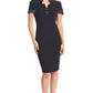Notch Dress -  Short Sleeve Notch Neck Black Midi Dress with Satin