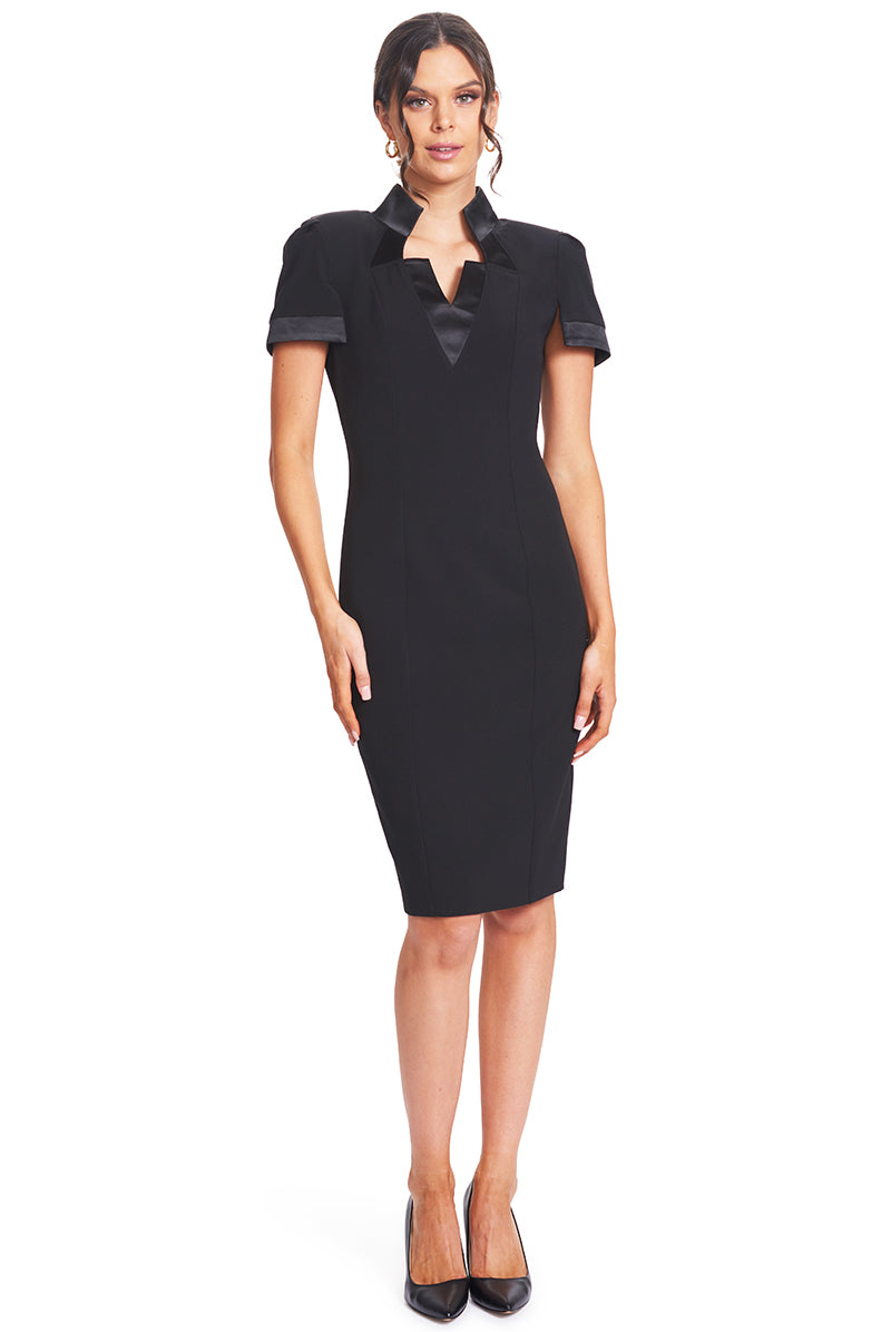 Notch Dress -  Short Sleeve Notch Neck Black Midi Dress with Satin