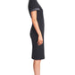 Notch Dress -  Short Sleeve Notch Neck Black Midi Dress with Satin