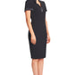Notch Dress -  Short Sleeve Notch Neck Black Midi Dress with Satin