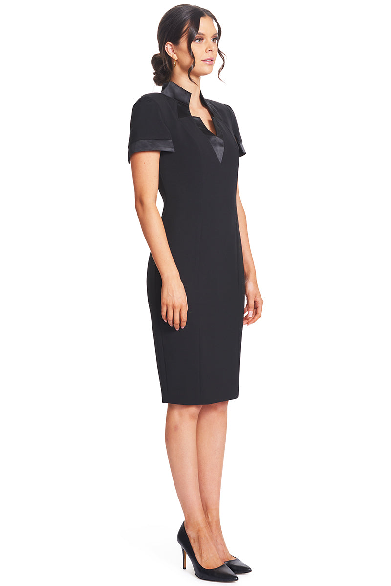 Notch Dress -  Short Sleeve Notch Neck Black Midi Dress with Satin